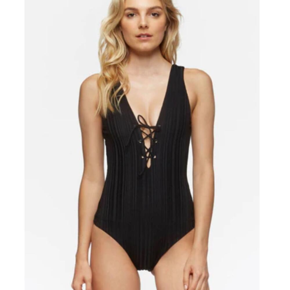 NWT $168 Sold Out TAVIK Roan Slinky Ribbed Lace up Black One Piece Size XS